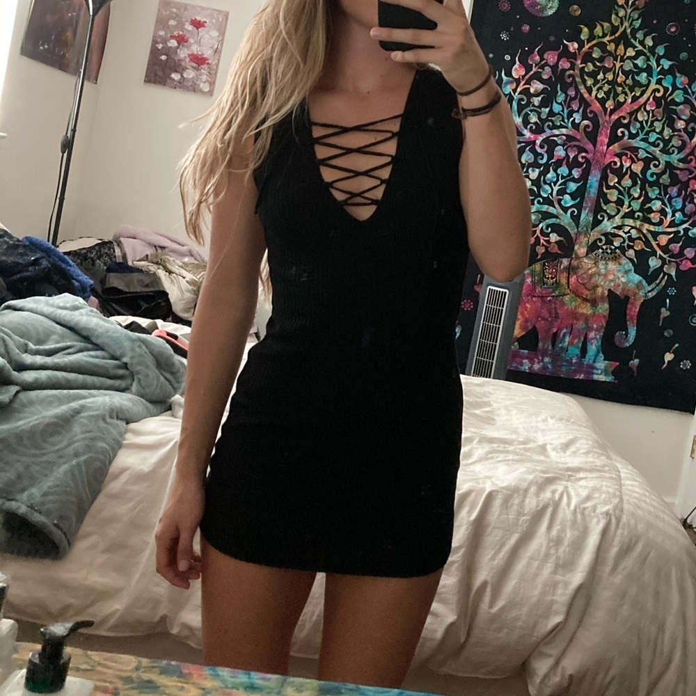 Black knit criss cross tie dress